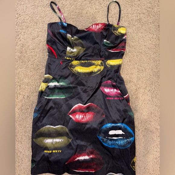 Miss Sixty Dresses & Skirts - Miss Sixty Black Slip Dress with Multicolor Lip Print